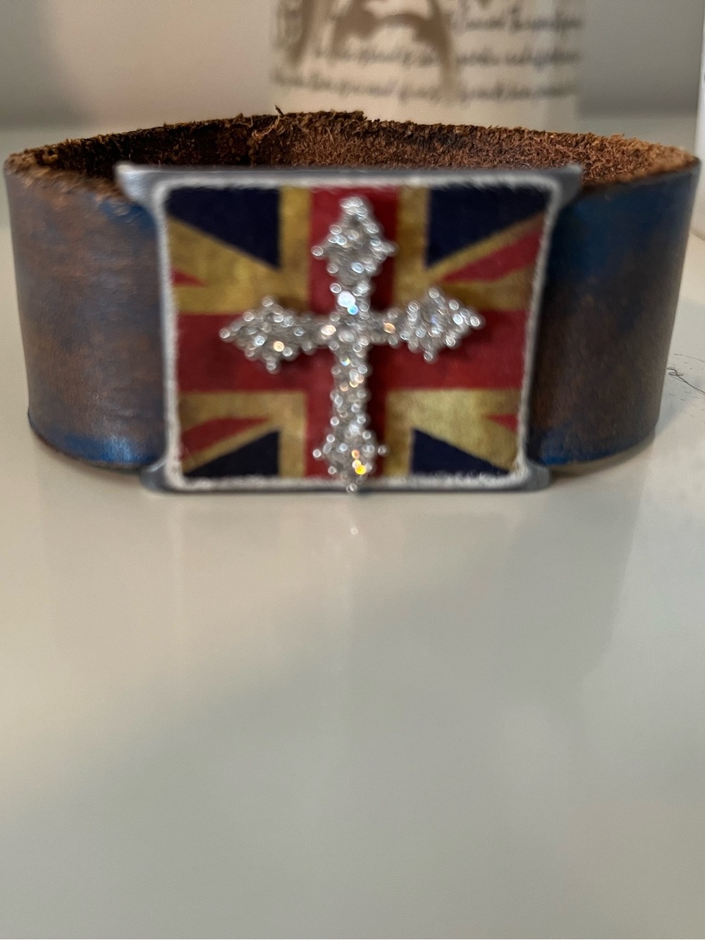 Leather Bracelet with Rhinestone Cross and Union Jack Accent